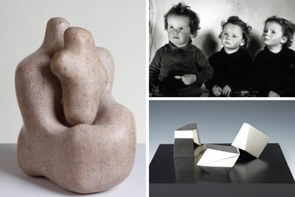 Clockwise from main: Mother and Child, 1934; the triplets in 1937; Three Magical Stones, 1973. 