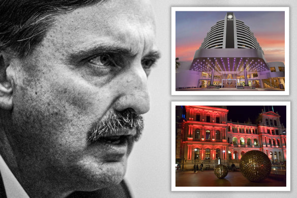 The inquiry is being led by former Appeal Court judge Robert Gotterson (left). For the moment, it concerns Star’s Gold Coast casino (top) and Star’s Treasury Brisbane (bottom), but not its under-construction Queen’s Wharf casino.