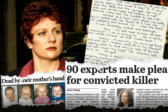 Clockwise from left: Kathleen Folbigg outside the NSW Supreme Court in 2003, an extract from her letters to her best friend Tracy Chapman, and newspaper articles on her conviction and subsequent push by experts for a pardon.