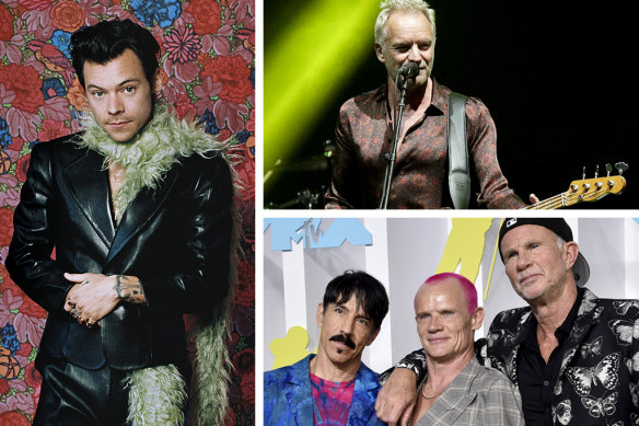 Clockwise from left: Harry Styles, Sting and the Red Hot Chili Peppers. 