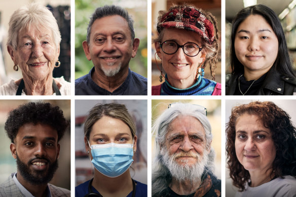 Faces of Footscray, clockwise from top left: Betty Millett, Ray Pereira, Larissa MacFarlane, Paw K’Pru Say Kaw, Professor Vasso Apostolopoulos, Uncle Larry Walsh, Dr Emina Hajdarevic, Mohamed Semra.