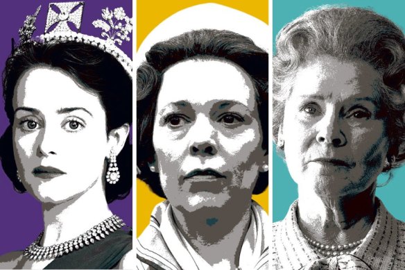 The faces of Queen Elizabeth II on The Crown (from left): Claire Foy, Olivia Colman and Imelda Staunton.