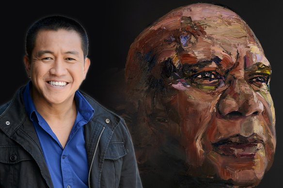 Anh Do and his portrait of the late Archie Roach titled Seeing Ruby.