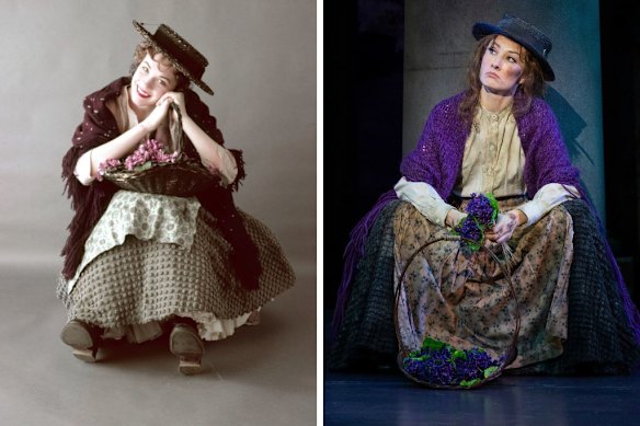 Julie Andrews, left, in the original stage show, and Claire Lyon as the new Eliza Doolittle.