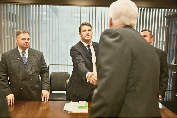 In 2009, Hegseth meets with Republican Texan senator John Cornyn (back to camera) for the advocacy group Veterans for Freedom to voice  support for troops in Afghanistan.