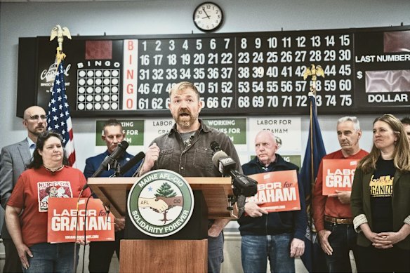 Graham Platner at a union event in Portland in Maine in May.