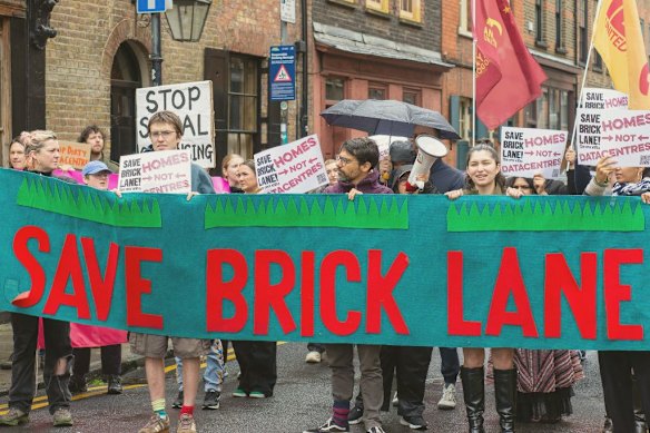 People protest against a proposed data centre in the Brick Lane neighbourhood of east London in June.