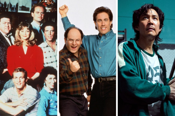 From left: Cheers, Seinfeld and Squid Game speak to our changing TV habits.