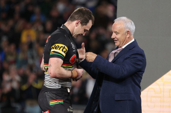 Panthers fullback Dylan Edwards was presented with the Clive Churchill medal by Rod Churchill last year.