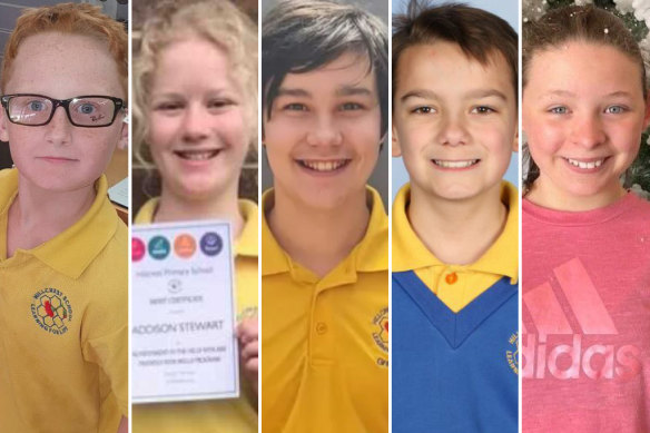 Five of the children who died in the Devonport primary school tragedy: Peter Dodt, Addison Stewart, Zane Mellor, Jye Sheehan, and Jalailah Jayne-Maree Jones. 