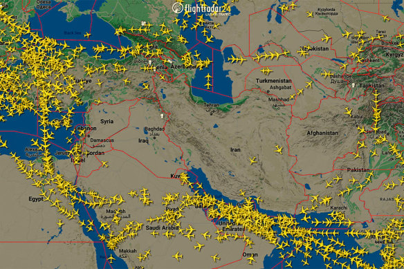 This image from Flightradar in October shows flights routed out of airspace over Iran when Tehran launched missile attacks on Israel. 