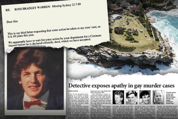Clockwise from left: John Russell, whose body was found in 1989 around Bondi’s Marks Park; a letter from the mother of Ross Warren, who disappeared in the same area; an aerial view of Marks Park and a newspaper report from 2005.