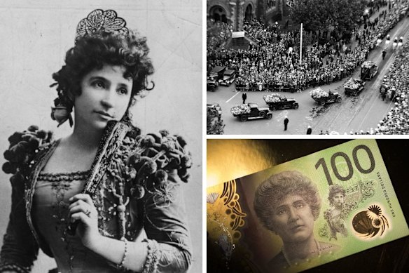Dame Nellie Melba; the crowd at her Scots’ Church funeral; her face on the $100 note. 
