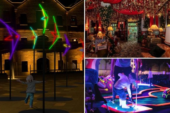 Clockwise from main: Chris Daniel’s Future Natives installation; Tinseltown; GLOW at Sydney Zoo.