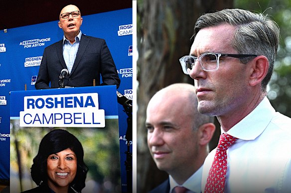 Leader of the Opposition Peter Dutton commiserates with Liberal volunteers after the Aston byelection loss. NSW Liberal former premier Dominic Perrottet and his deputy Matt Kean during the unsuccessful state election campaign. 