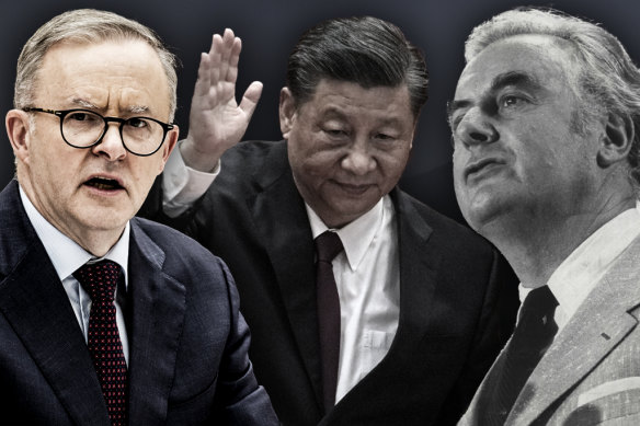 Prime Minister Anthony Albanese, Chinese President Xi Jinping and former prime minister Gough Whitlam. 