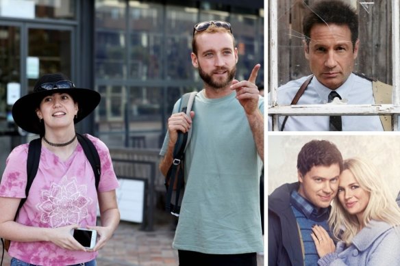 Clockwise from main: Shelle and Mike in Lost For Words, David Duchovny in Aquarius and Welcome to Sweden.