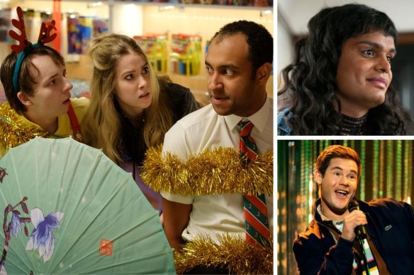 Clockwise from main: Ex Oxenbould, Bridie McKim and Matt Okine in Christmas Ransom, Bilal Baig in Sort Of and Adam Devine in Pitch Perfect: Bumper in Berlin.