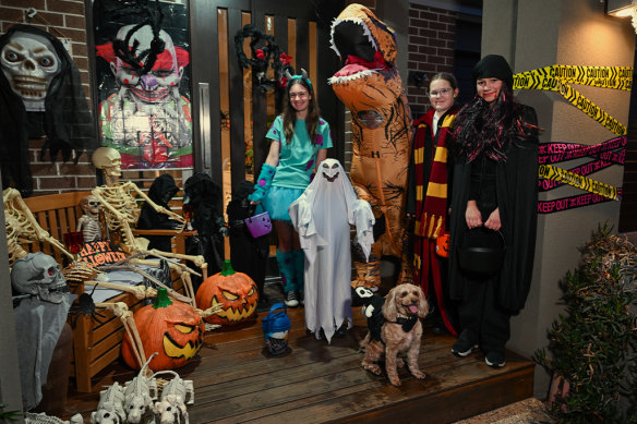 Trick or treaters in Bentleigh East in 2023. From left: Jasmine and Xavier Edmunds, Jordan, Charli and Madison Novytarger, and dog Bonnie.