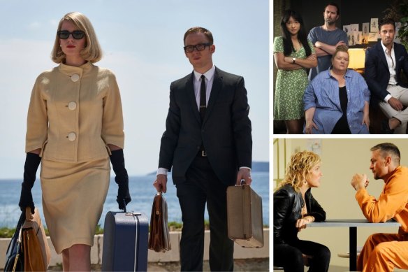 Clockwise from main: Lucy Boynton and Joe Cole in The Ipcress File, the cast of After the Verdict and Robyn Malcolm and Grant Bowler in Outrageous Fortune.