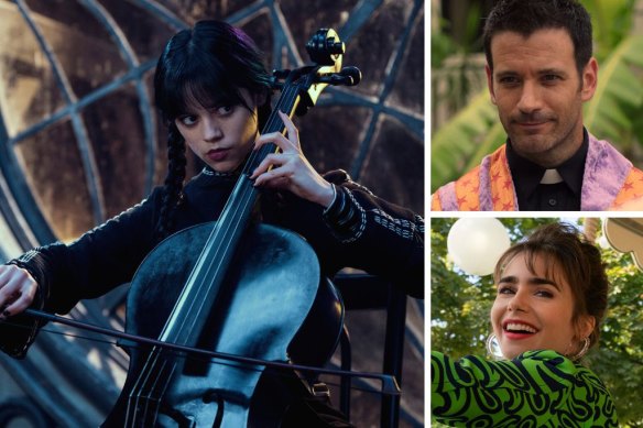 Clockwise from main: Jenna Ortega in Wednesday, Colin Donnell in Irreverent and Lily Collins in Emily In Paris.