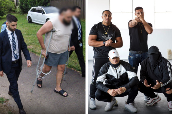 Brandon Masueli being arrested in Cartwright in January (left); and members of Sydney rap group Onefour (clockwise from back left): J Emz, YP, Lekks and Spenny.