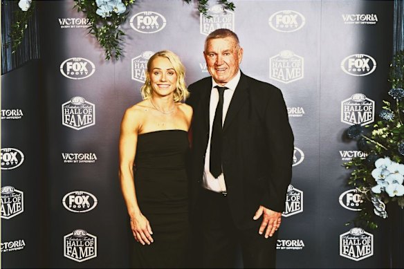 Former footy (and basketball) player Erin Phillips with her father Greg ahead of her induction into the Australian Football Hall of Fame in 2025.