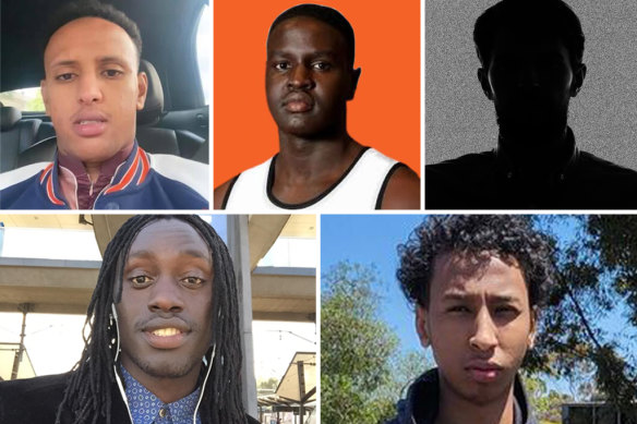 Knife crime victims, clockwise from top left: Khalid Mahat, Alier Riak, Myek Ring and Hashim Mohamed. The silhouette represents Kose Kose, whose family did not want his picture used.
