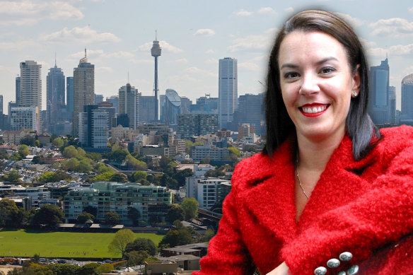 Melissa Caddick and the view from the balcony of the Edgecliff penthouse she bought for her parents.