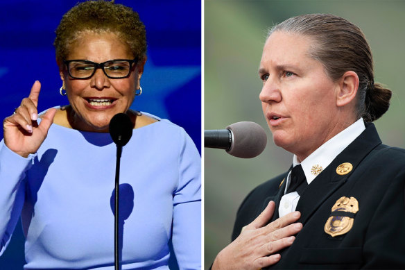 Los Angeles Mayor Karen Bass (left) and LA fire chief Kristin Crowley have engaged in a public spat over resources even as the battle against flames continues.