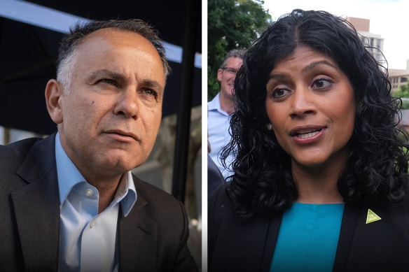 Greens leader Samantha Ratnam (right) is yet to confirm her party’s position on the opposition’s motion to establish a parliamentary inquiry into the cancellation of the Commonwealth Games. 