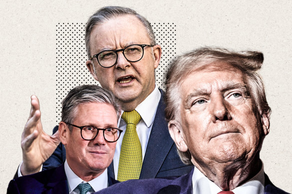Anthony Albanese will talk to British Prime Minister Keir Starmer (left) about joining a “coalition of the willing” to help with a ceasefire in Ukraine as US President Donald Trump (right) negotiates with Russia’s Vladimir Putin. 