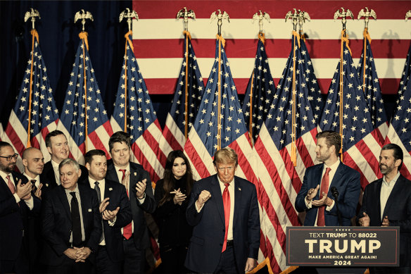 Trump speaks at a caucus-night party in Iowa on January 15.