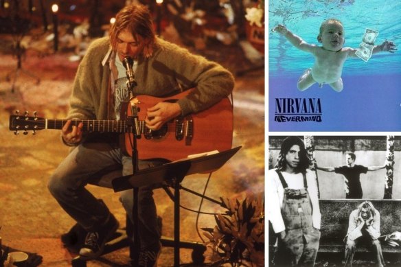 Clockwise from main: Cobain performs with Nirvana at a taping of MTV Unplugged in New York in November 1993; the cover of Nevermind; Dave Grohl, Krist Noveselic and Cobain.