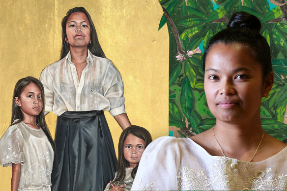 Artist Marikit Santiago and her portrait Hallowed Be Thy Name.