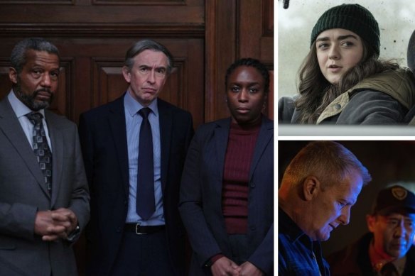 Clockwise from main: Conviction: The Case of Stephen Lawrence, Maisie Williams in Two Weeks to Live and Jeff Daniels in American Rust.
