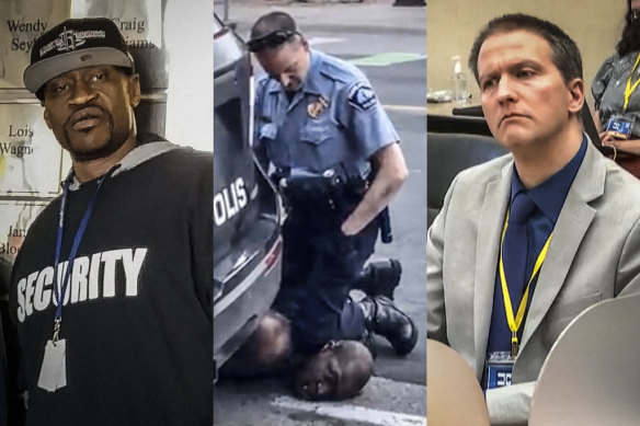 (From L to R) George Floyd in his security uniform; a still from footage of George Floyd’s death; and former police officer Derek Chauvin in court. 