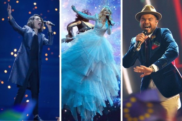 Australian at Eurovision (from left): Isaiah Firebrace in 2017, Kate Miller-Heidke in 2019 and Guy Sebastian in 2015.