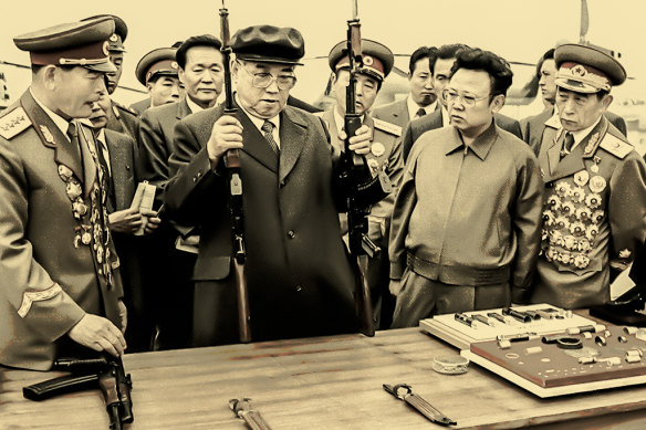 Kim Il-sung inspects North Korean army assault rifles watched by his son, Kim Jong-il (right), in 1975.