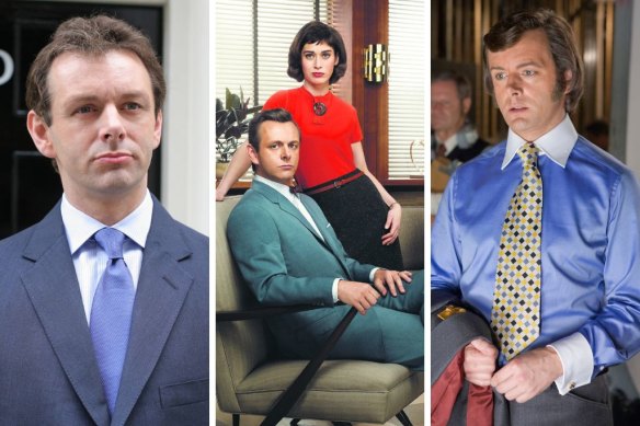Michael Sheen on screen (from left): as Tony Blair in The Special Relationship, with Lizzy Caplan in Masters of Sex and as British TV host David Frost in Frost/Nixon.