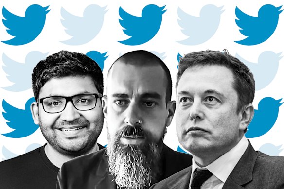 Twitter chief executive Parag Agrawal (left) is managing a company through the turbulence of a purchase by Elon Musk (right) that was welcomed by co-founder Jack Dorsey (centre).