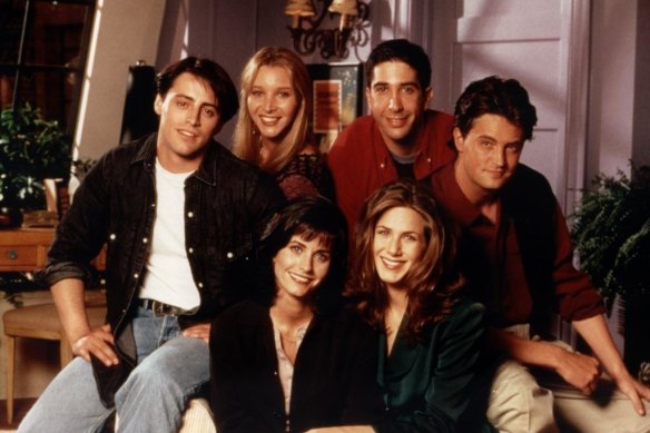 Matthew Perry (right) with his Friends castmates at the sitcom’s height in the 1990s.