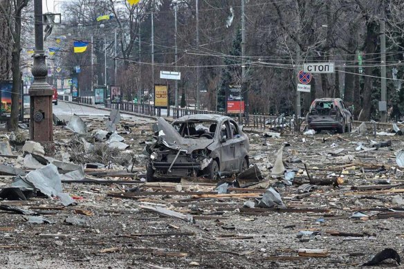 The centre of Kharkiv following Russian attack.