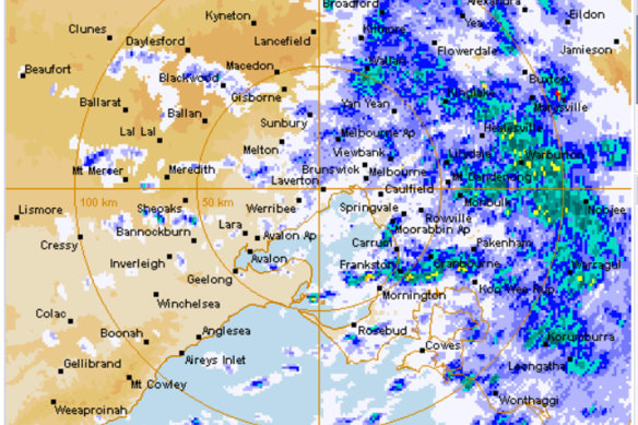 The Bureau of Meteorology radar image for Melbourne - Friday evening, 28 October. 5.50pm.