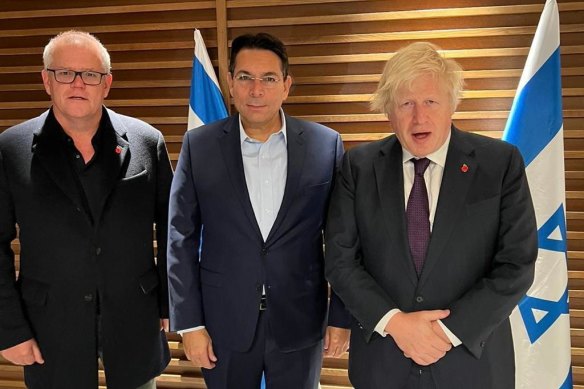 Former Australian prime minister Scott Morrison and former UK prime minister Boris Johnson meet the chairman of World Likud, Danny Denon, after arriving in Israel on Sunday.