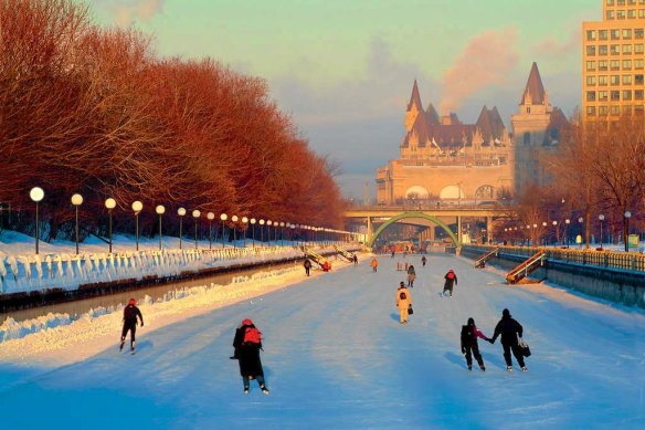 The Rideau Canal, Ottawa, turns into the world’s largest skating rink in winter.