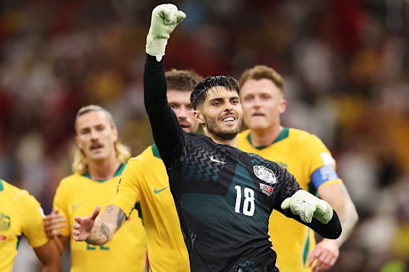Patrick Beach celebrates Australia’s 2-0 win over Turkey.