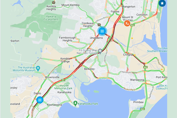 Screenshot of Live Traffic NSW road closures around Illawarra