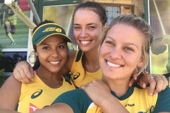 Tiana Penitani (left), Brooke Walker and Brooke Anderson (right) as fresh-faced Australian rugby sevens reps in 2016.