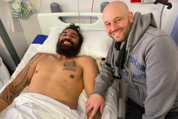 Former NRL chief executive Todd Greenberg visits Mose Masoe at Pinderfields Hospital in Wakefield last year.